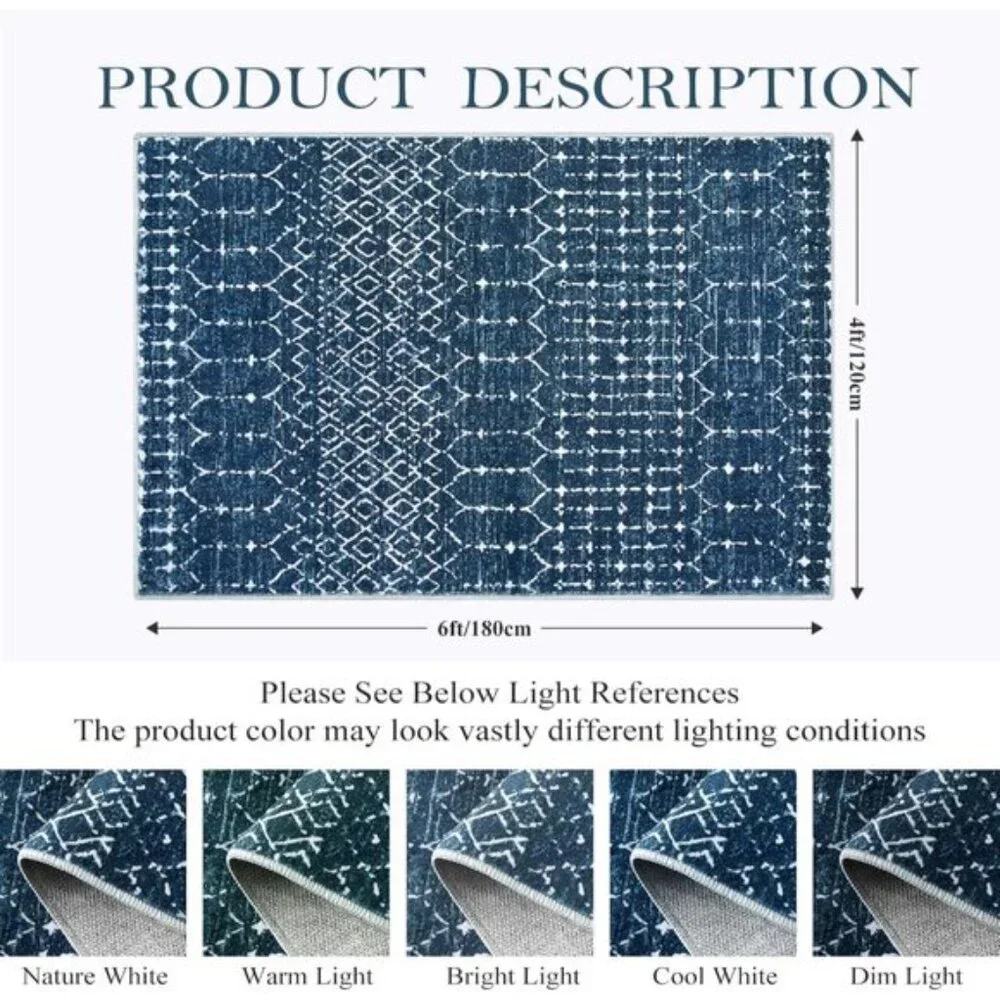 New 4x6 Moroccan Blue Area Rug, Non-Slip Geometric Carpet for Home & Room Decor